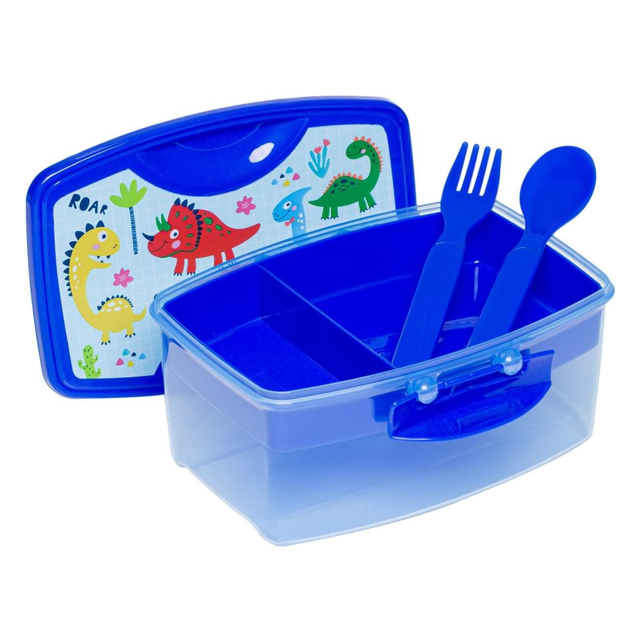 Кутия за храна Blue Dino – с тавичка и прибори, 1.1 л