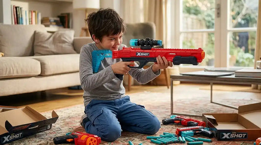 Дете играе с X-Shot бластер комплект с меки стрели у дома