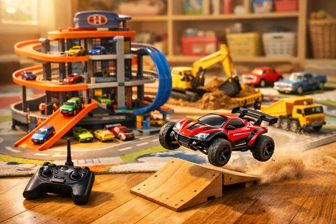 Детска игрална стая с RC състезателна кола, многоетажен паркинг и строителни камиони в действие