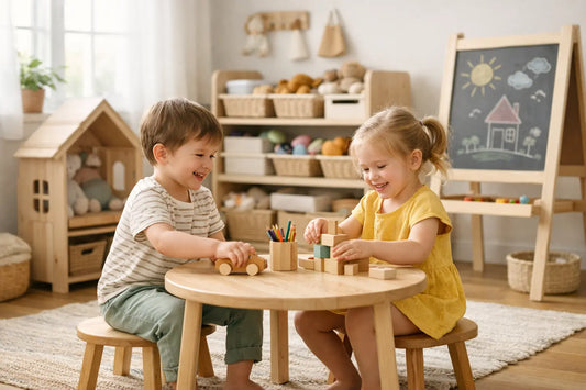 Деца играят в уютна детска стая с детски мебели – къщичка, масичка за рисуване и органайзери за играчки