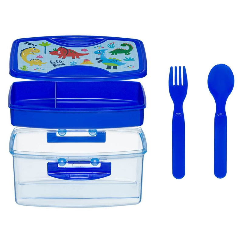 Кутия за храна Blue Dino – с тавичка и прибори, 1.1 л