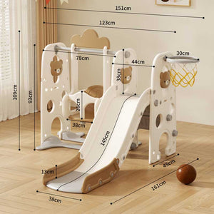 Детска пластмасова пързалка с люлка и баскетболен кош, Кафяво мече