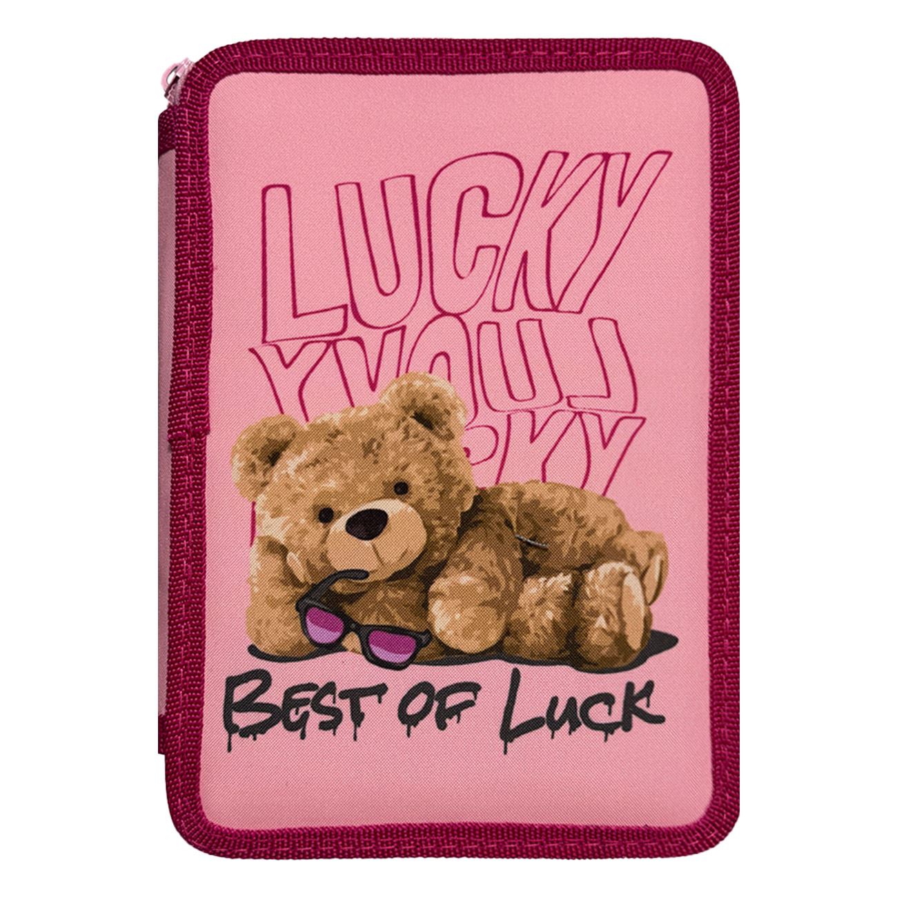 Двоен ученически несесер Lucky Bear – розов пълен комплект