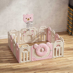 Сгъваема бебешка ограда за игра с баскетболен кош, Розово мече