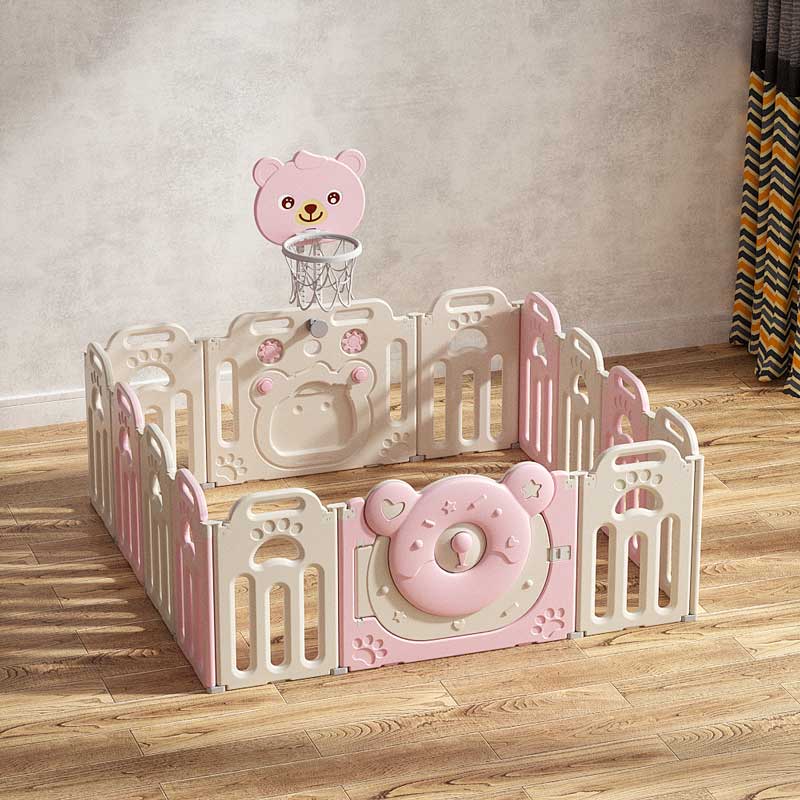 Сгъваема бебешка ограда за игра с баскетболен кош, Розово мече