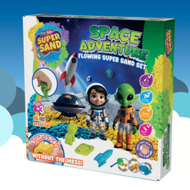 Детски комплект Play-Toys Super Sand Space Adventure с течащ супер пясък, космически формички и аксесоари за игра.