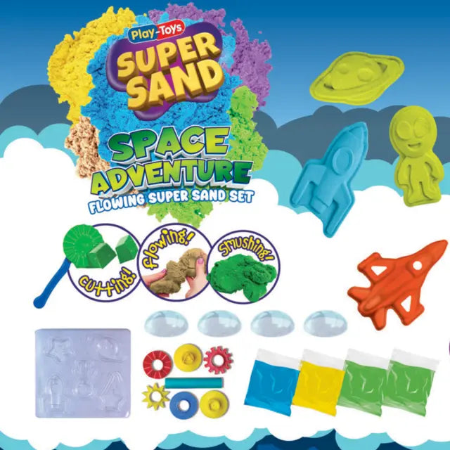 Опаковка на детски комплект Super Sand Space Adventure Flowing Super Sand Set с цветен пясък и формички.